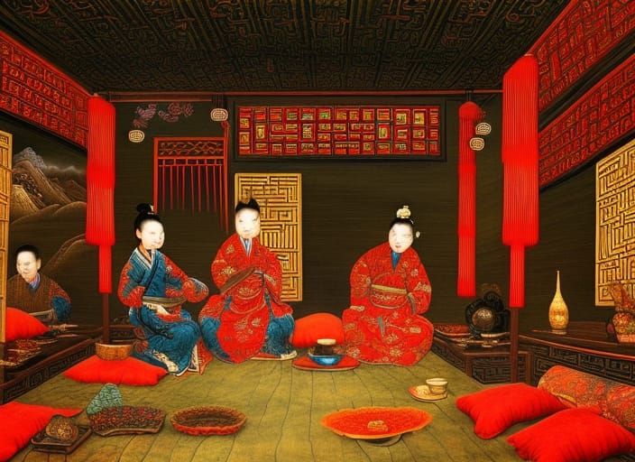 Inside a chinese opium den intricately detailed detailed pai...