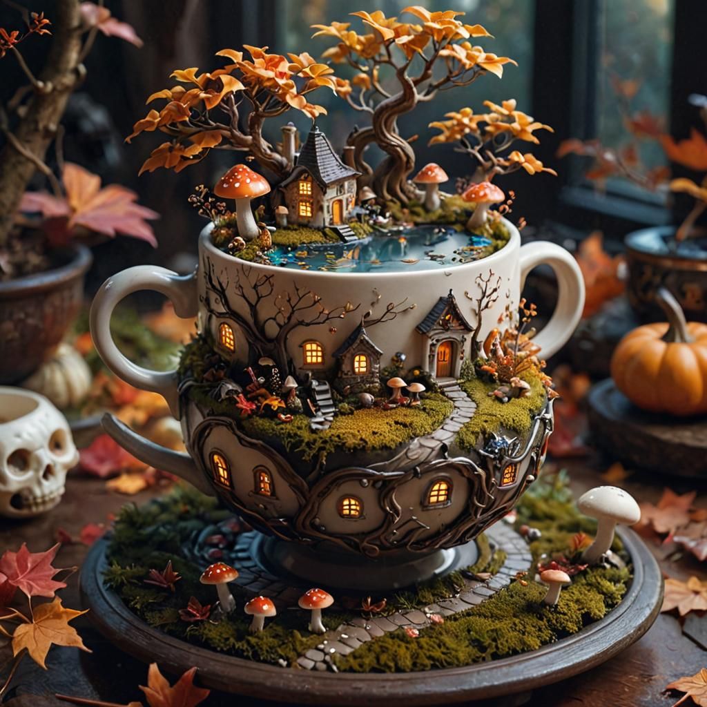 Miniature Fantasy world in a tea cup, autumn, Halloween, detailed_fantasy_background, hyperdetailed; ...  by @Lady on Fire