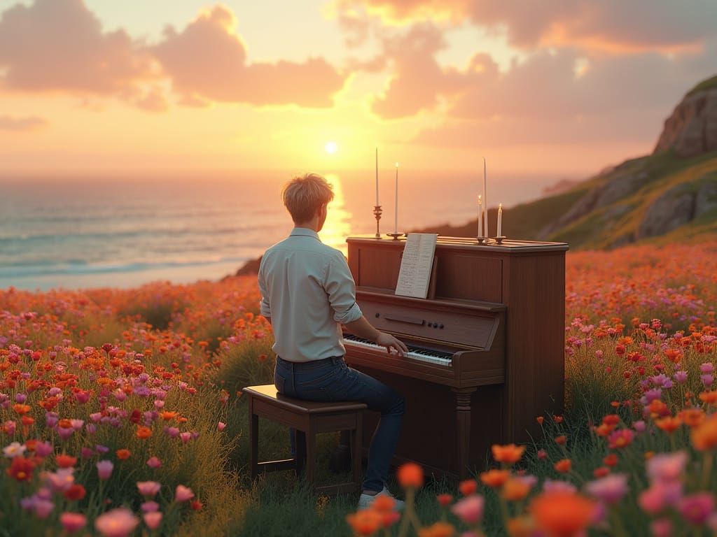 Man Plays Piano in Floral Field at Sunrise