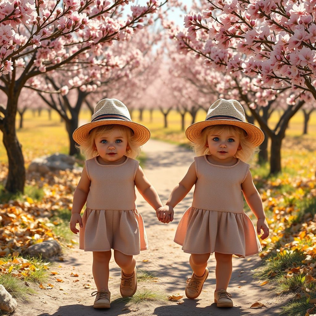 Surreal Landscape of Twin Girls Amidst Almond Blossoms in Fu...