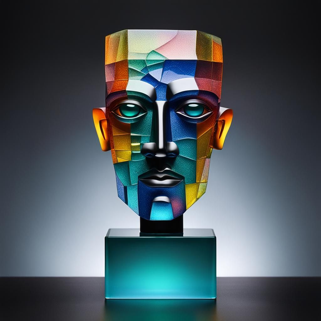 a  bright colorful cubist free standing semi transparant Cra...