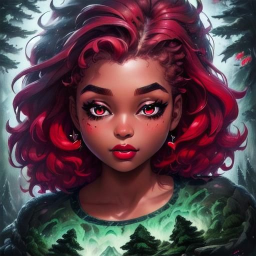 <lora:Eunhagye Bijeon:1.0>,, Goth Beautiful Woman, Short Curly Red Hair, Green Multilayered Eyes, Sharp Eyebrows, Forest, Snow, detailed hea...