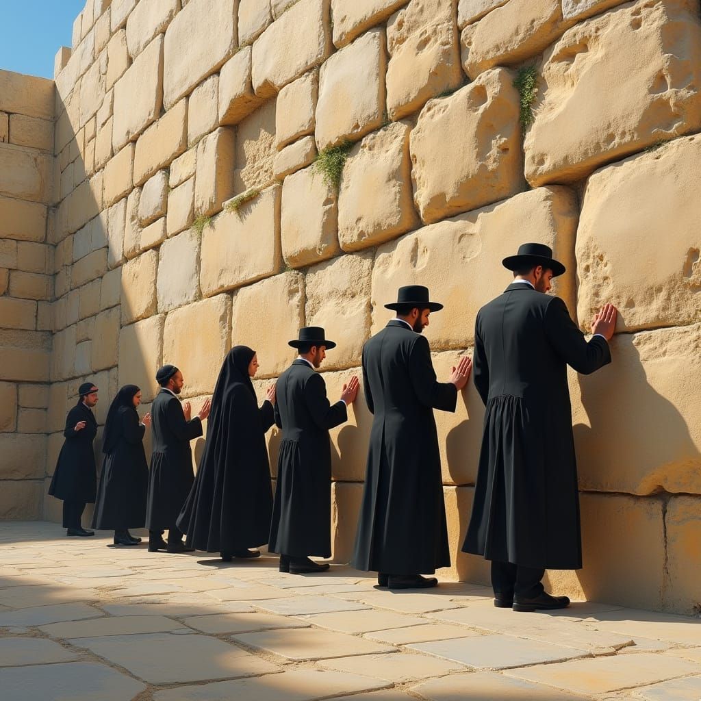 Haredi Family Prayer at Western Wall as Oil Painting