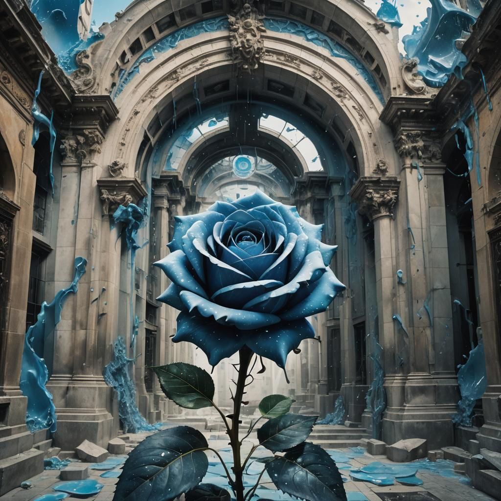 A building that has a blue rose in the middle of it