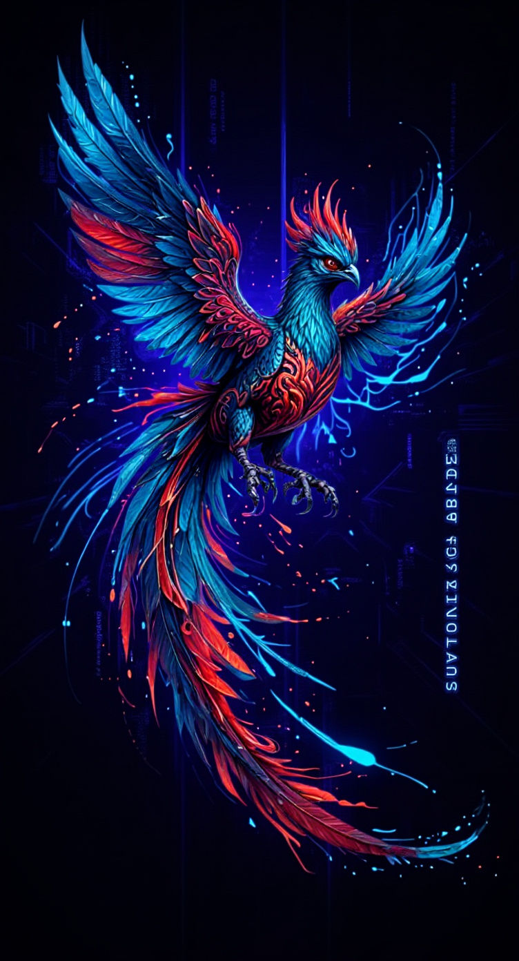 A detailed arm sleeve tattoo of a cyberpunk inspired phoenix on a muscular bikers arm  