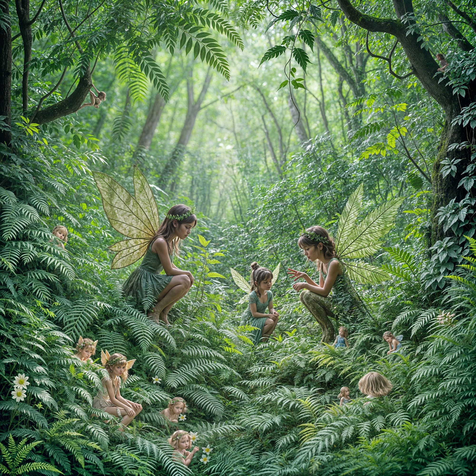 Little fairies hiding under leaves and ferns in an enchanted forest. The little fairies are camouflaged but can still be seen. They are thro...