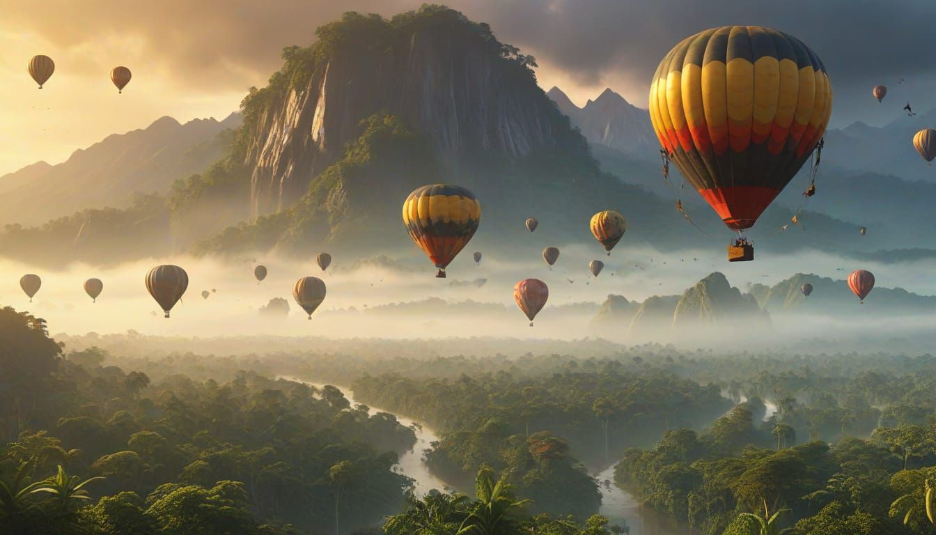 Hot air balloons are flying over the amazon rain forests with high mountains in the horizon
