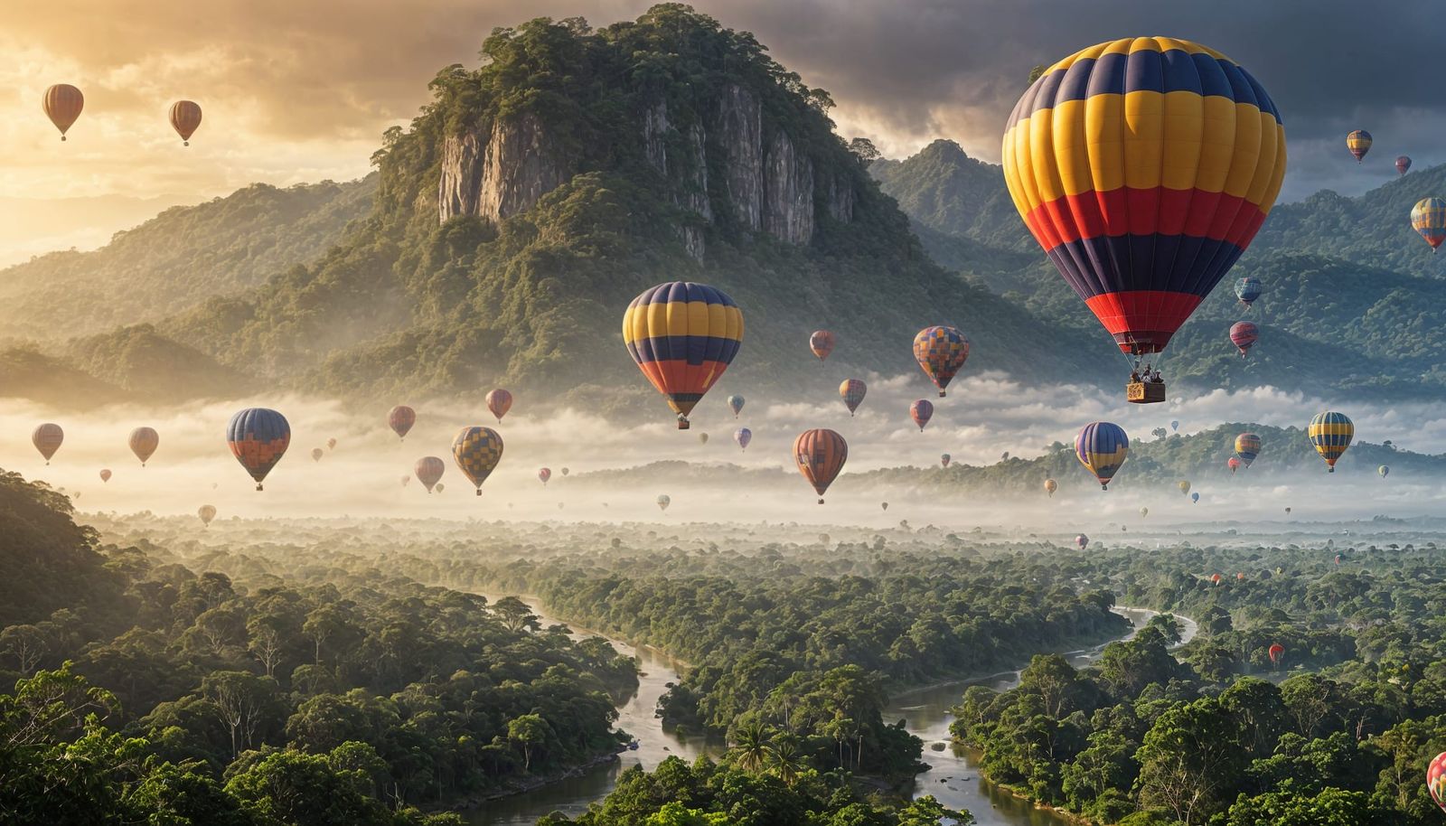 Hot air balloons are flying over the amazon rain forests with high mountains in the horizon
  by @ChargingTheVoid