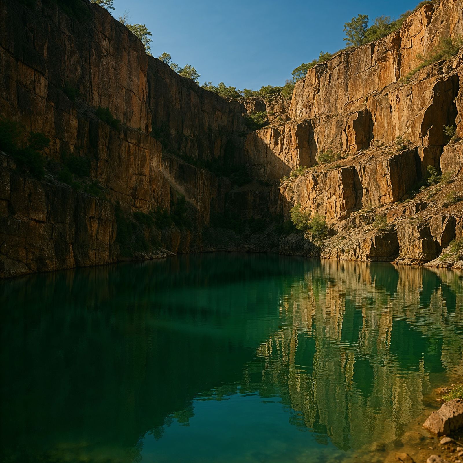 Crystal clear turquoise lake in an abandoned quarry