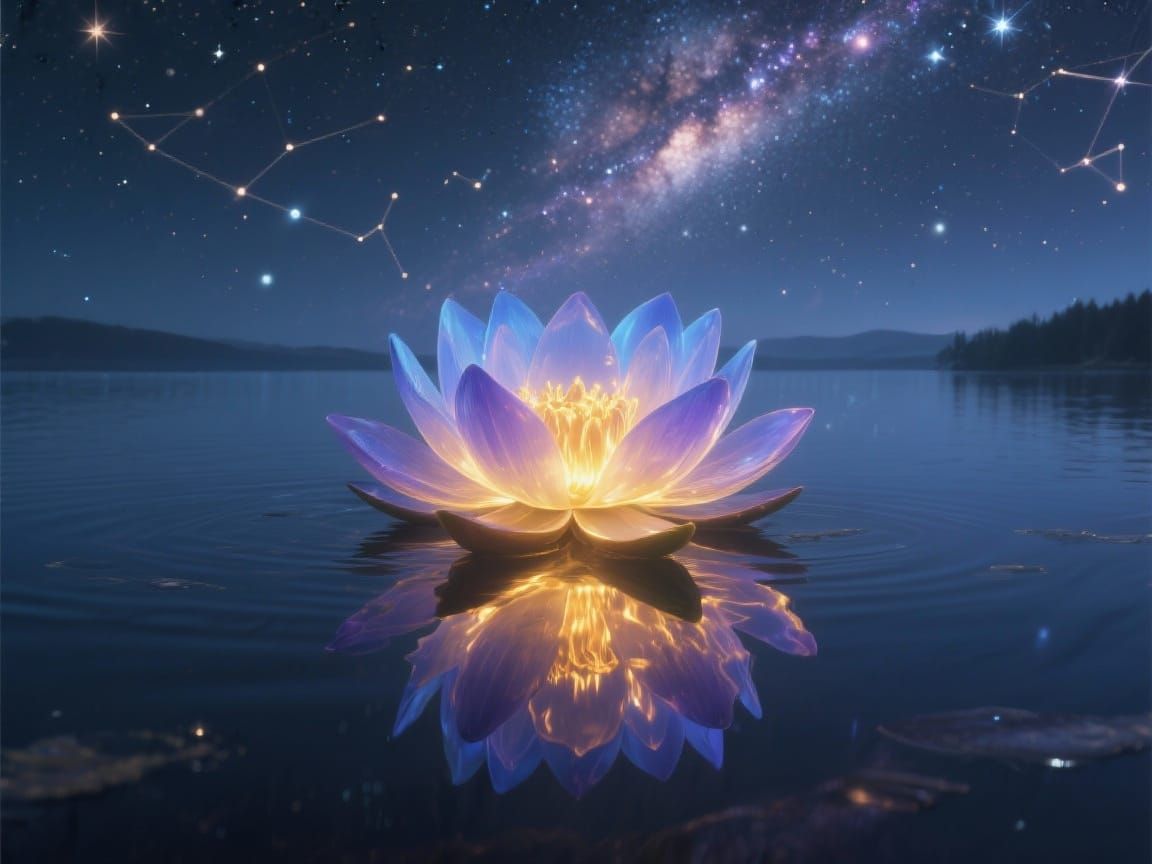 A glowing translucent lotus flower with radiant golden light at its center, floating gently on a vast, calm lake at night. The surface of th...