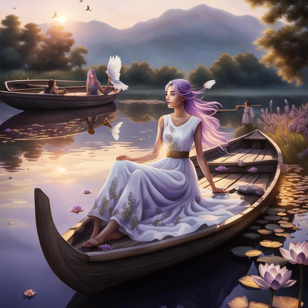 Girl on Boat with Lotus Flowers at Sunset