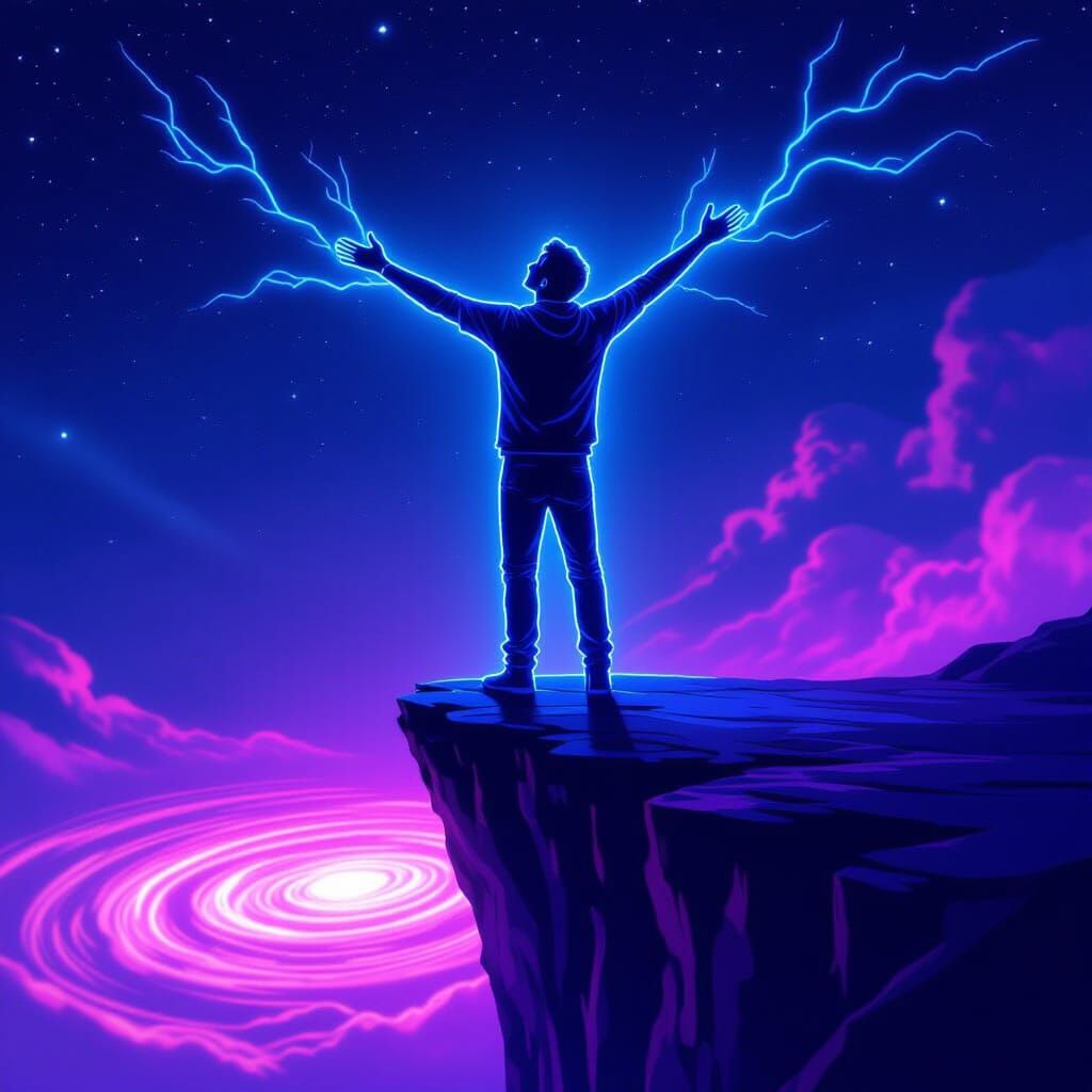 Neon Sculpture of Man on Cliff Over Starry Abyss