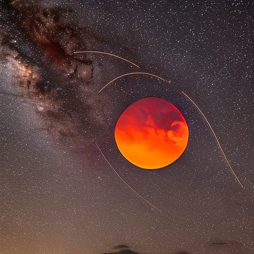 Partial lunar eclipse, blood moon, in a starry sky intricate...