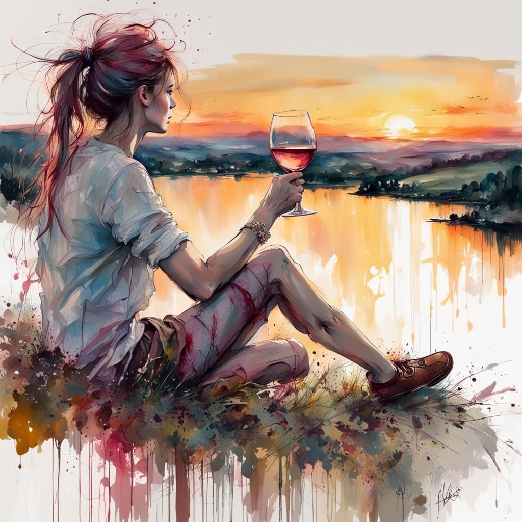 Drinking wine watching the sunset over the hills, style of Carne Griffiths
