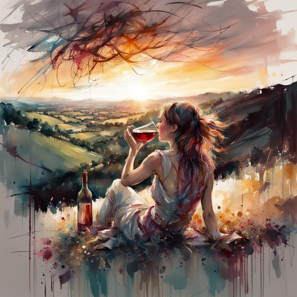 Drinking wine watching the sunset over the hills, style of C...