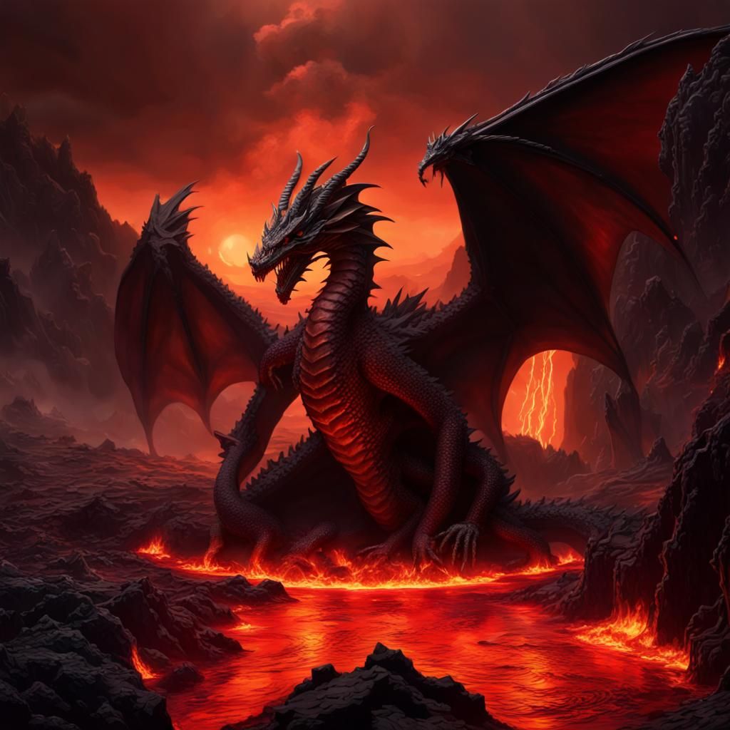 A dark red and black dragon with wings sitting on a the top sharp rock ...