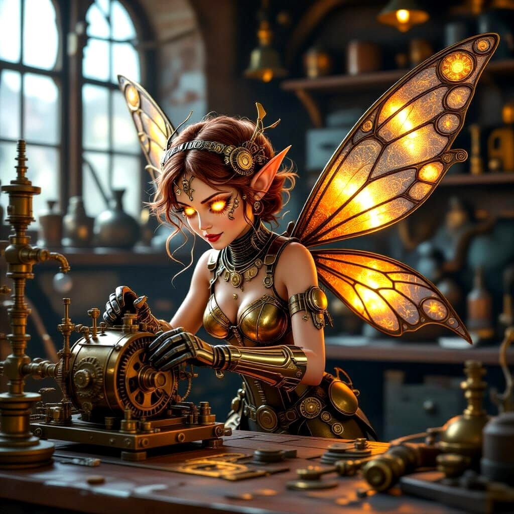 : A mechanic fairy with metal wings and glowing eyes, tinkering with a complex machine in a steampunk ...  by @Shuttleskipper
