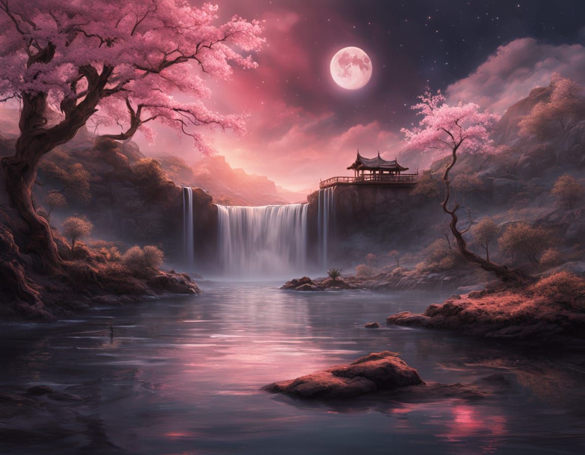 Ethereal Moonrise over Twilight Waterfall