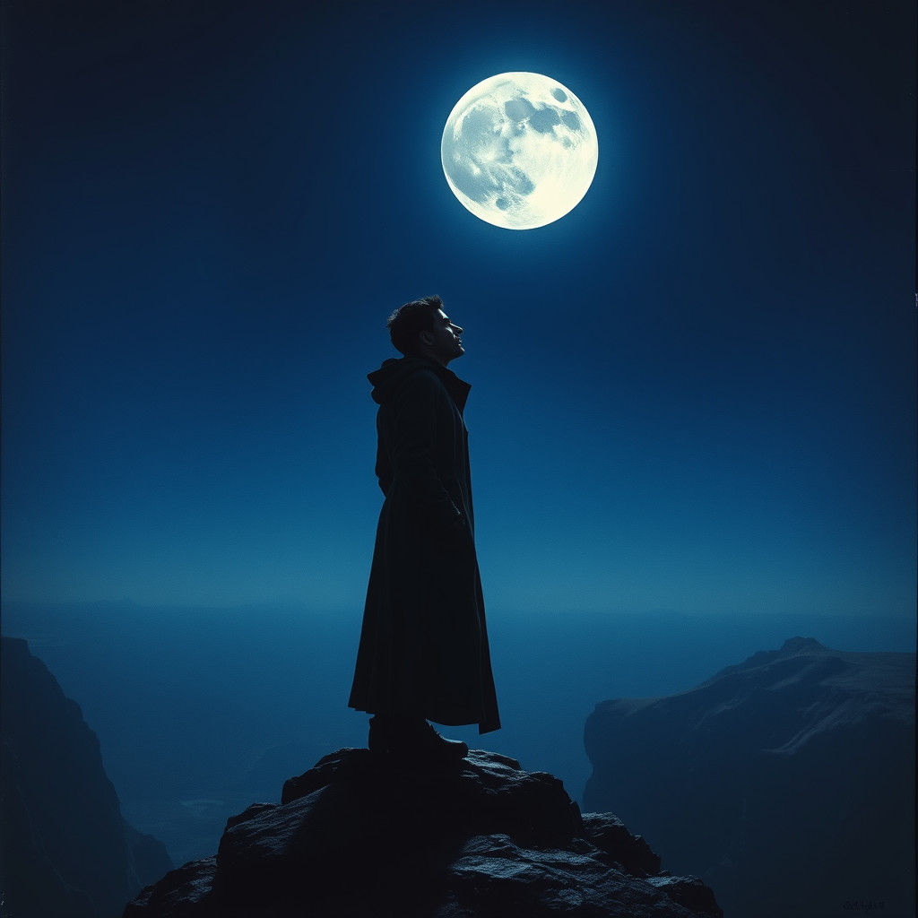 Lonely Figure Gazing at Moon in Surreal Landscape