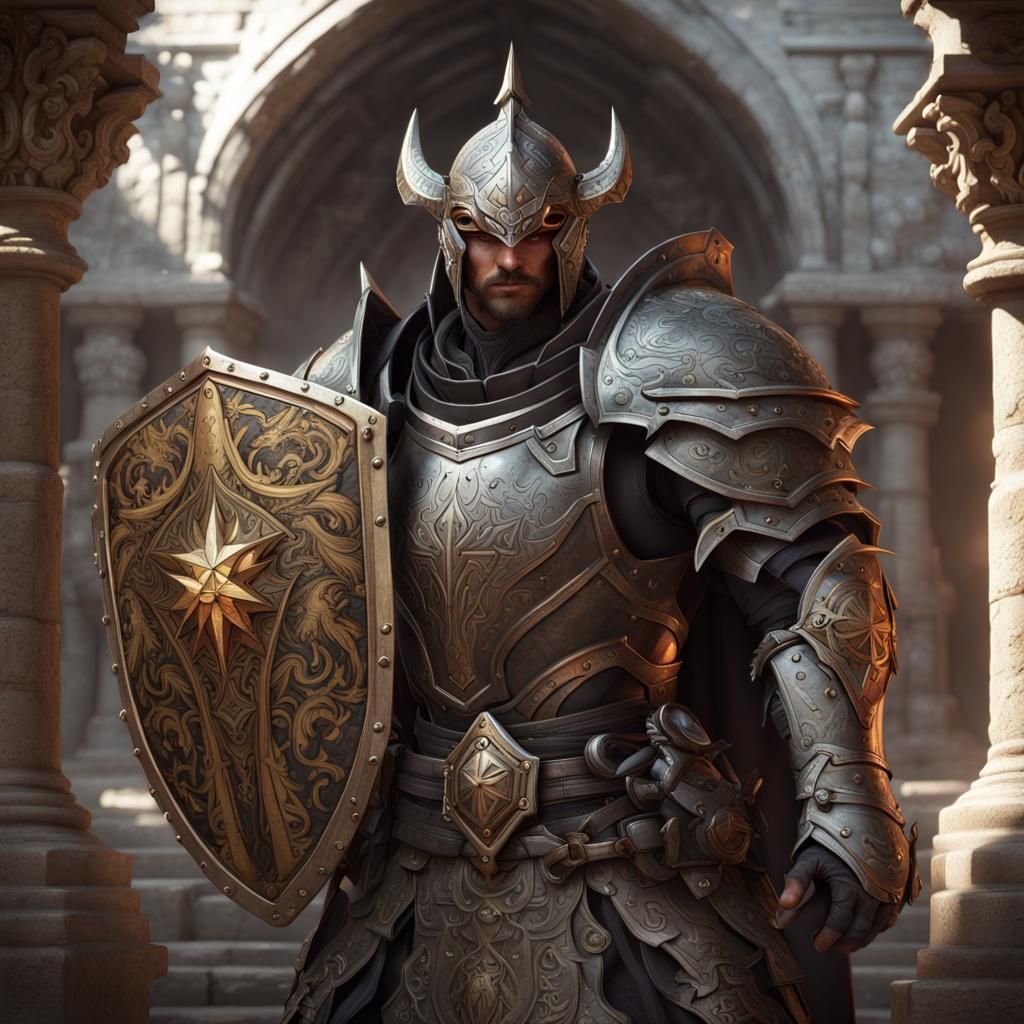 single image, full body, dungeons & dragons, fantasy, paladin of Tyr, intricate ornamented armor and ...  by @greywolf00