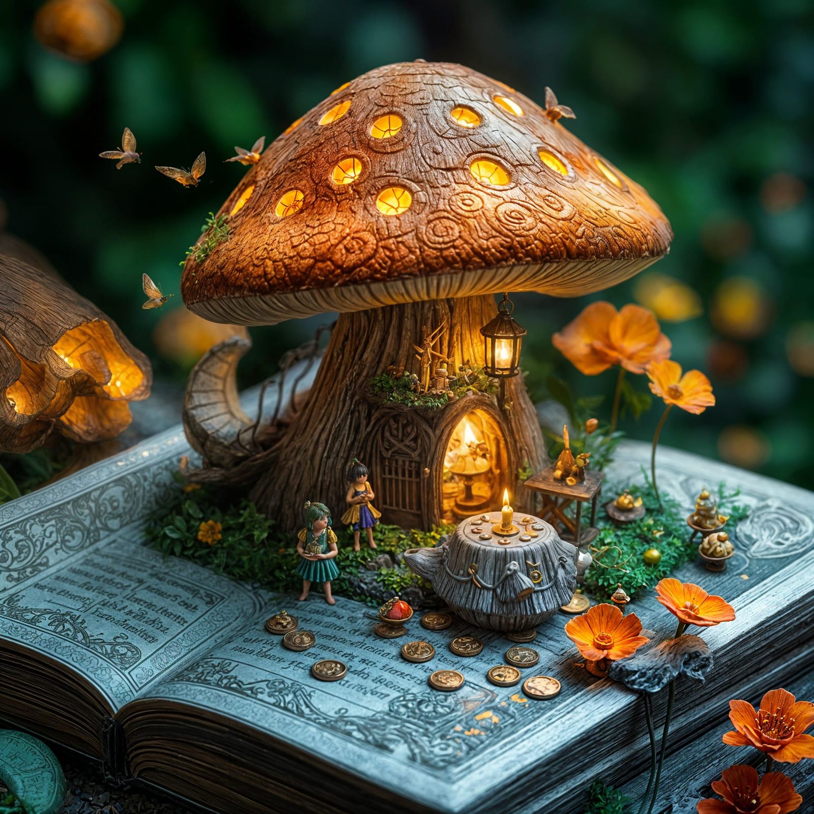 Magical fairy tale scene with giant mushroom house built on top of open storybook, glowing pages, detailed ...  by @Kh-nagsh