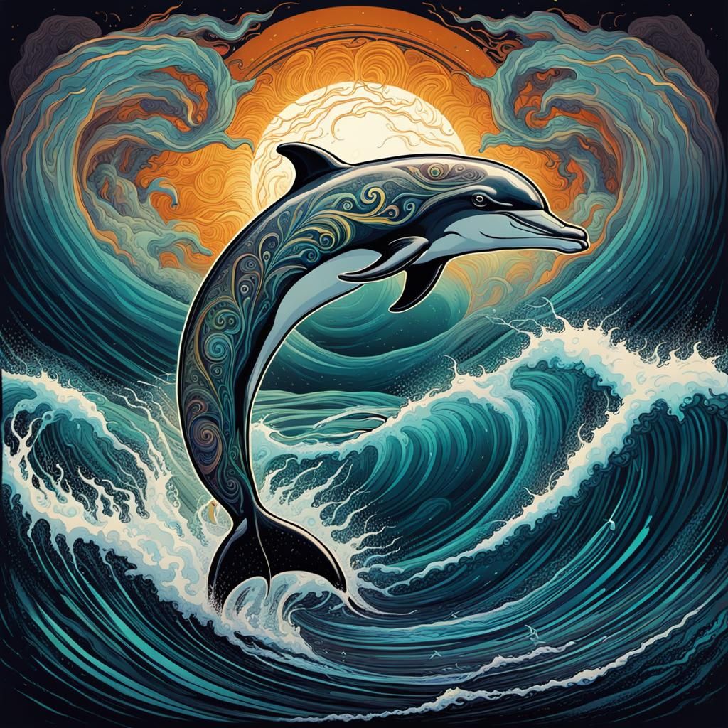 A stylish psychedelic art nouveaux dolphin cresting a wave. Drawn in the style of dark fantasy art. Intricate, ...  by @Charlequin