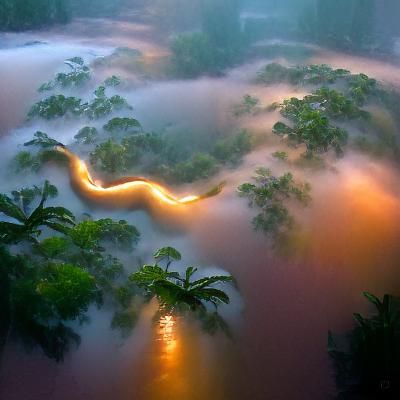 A river running through the foggy rainforest at sunrise