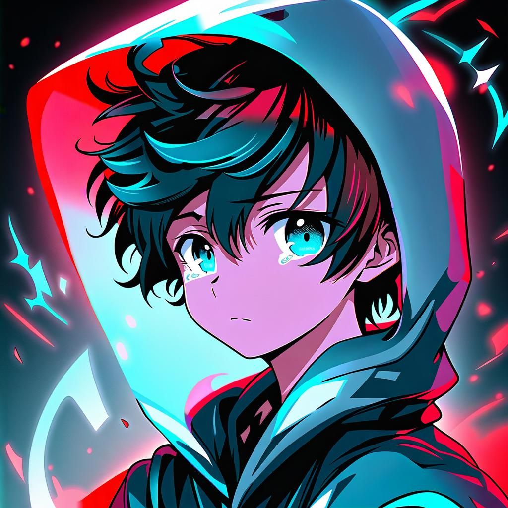 Crying Anime Boy Portrait with Teal Glittering Eyes