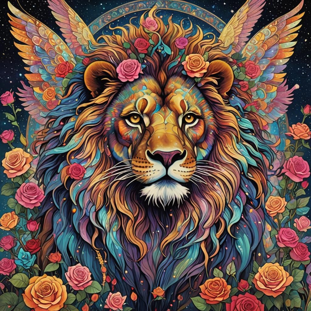 (intricately detailed psychedelic artwork of a mystical lion with lush