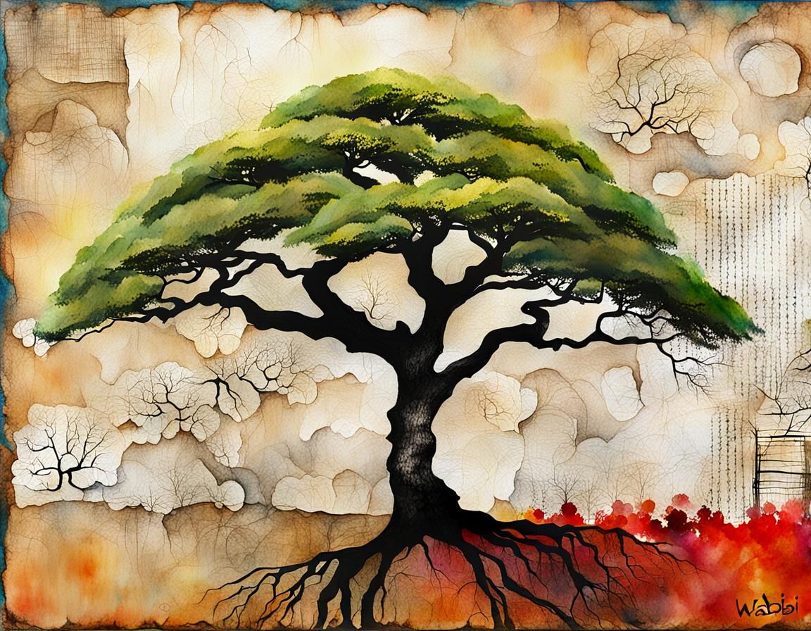 wabi-sabi tree mixed media  by @AMofOz