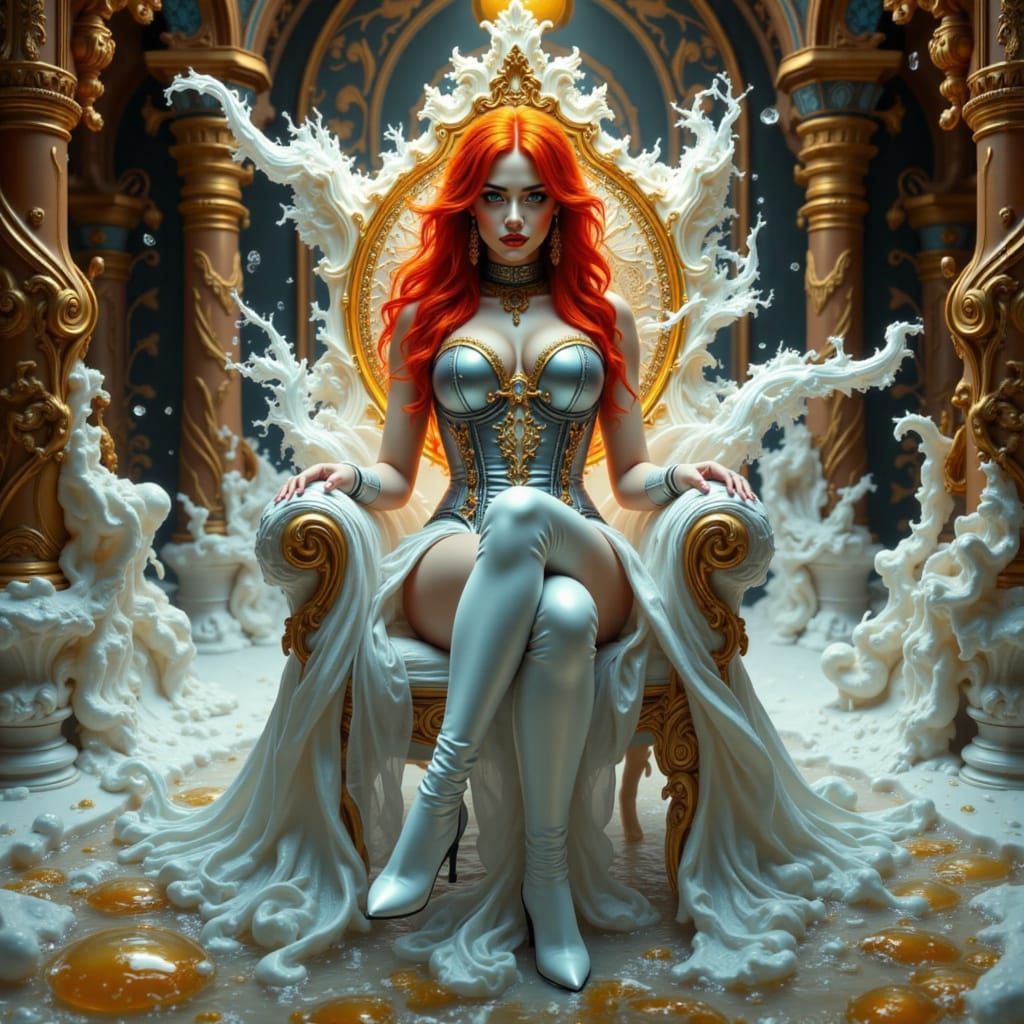 Glamorous Figure on Frozen Gold Throne in Sci-Fi Style