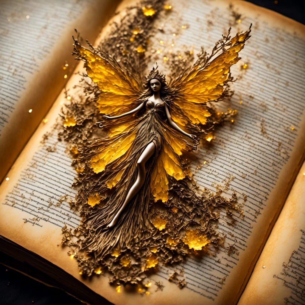 <lora:Magic Docs:1.0> Ancient book of fairies yellowed paper, open book picture of fairy on one  page ...  by @Budgie