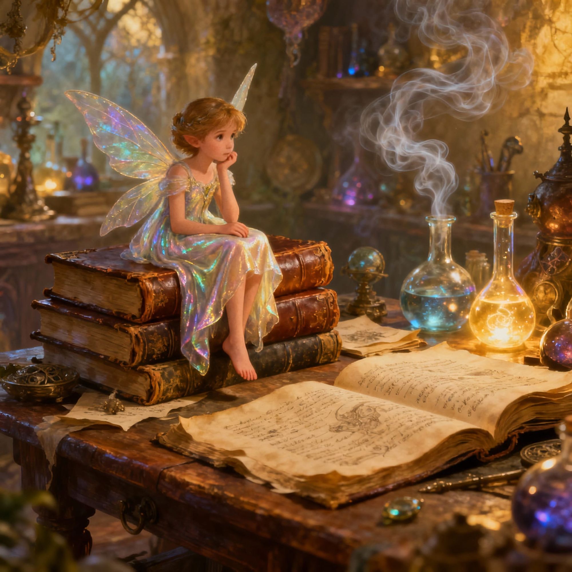 a small, thoughtful fairy sits with her legs dangling on a stack of books lying on a table in a sorcerer's laboratory. the table is littered...