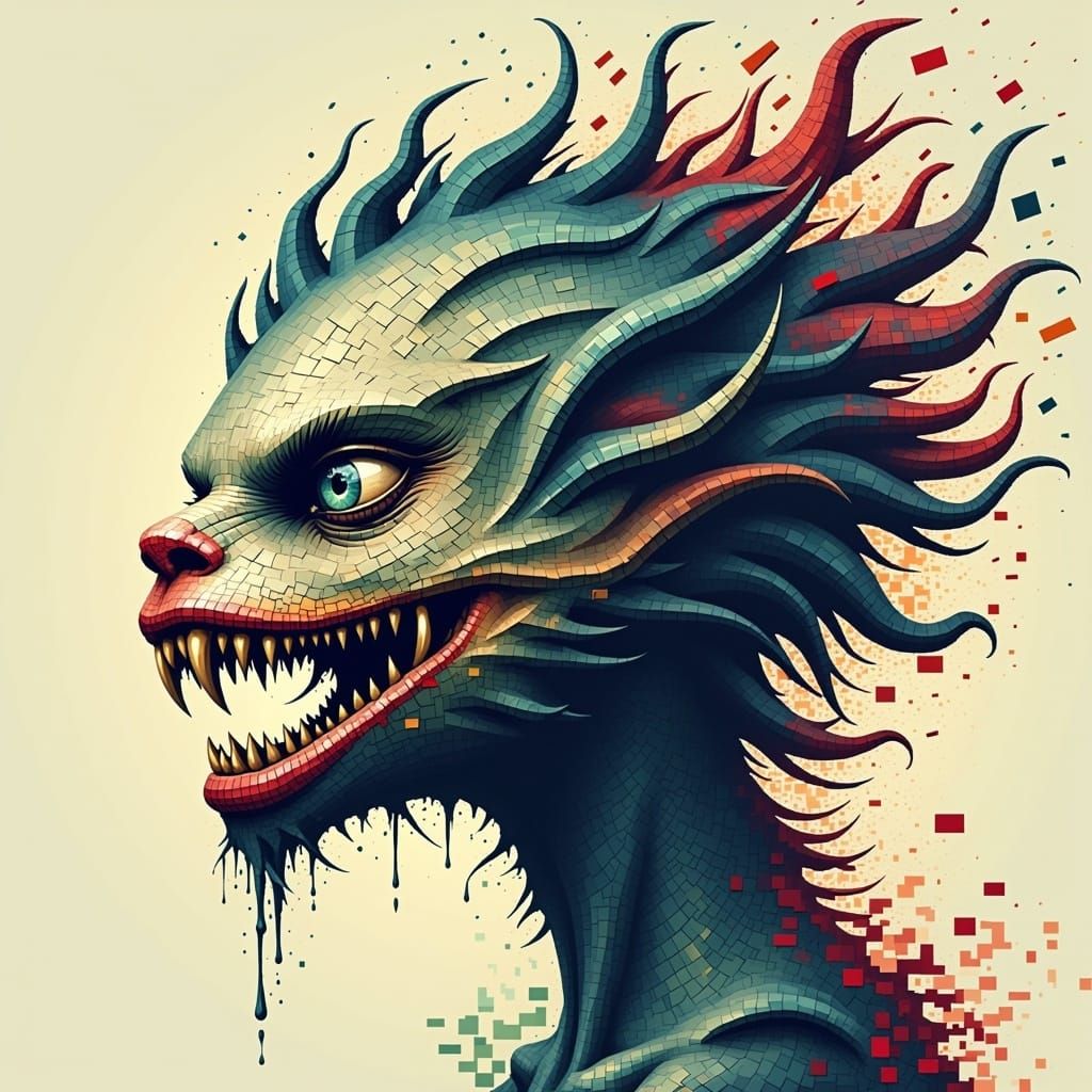<lora:Pixelated Flux:0.8> A distorted pixelated whimsical monster, sharp teeth and scales, wisp creature 