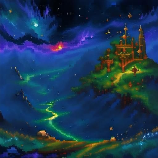 <lora:Spirit World:1.0> A pixel art landscape at night with ...