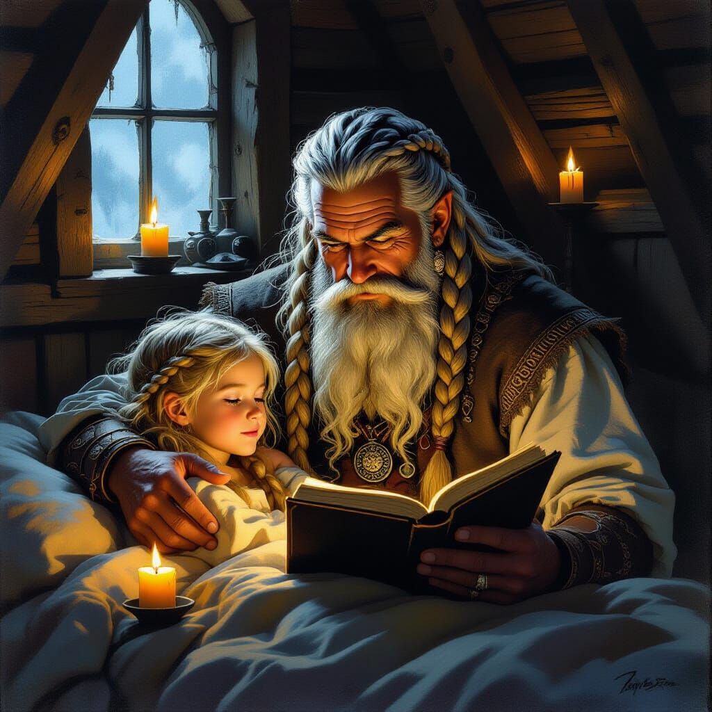 Dad, an elderly Viking pirate leader, with long, graying braided hair and beard, lulling his blond daughter ...  by @astra artsa