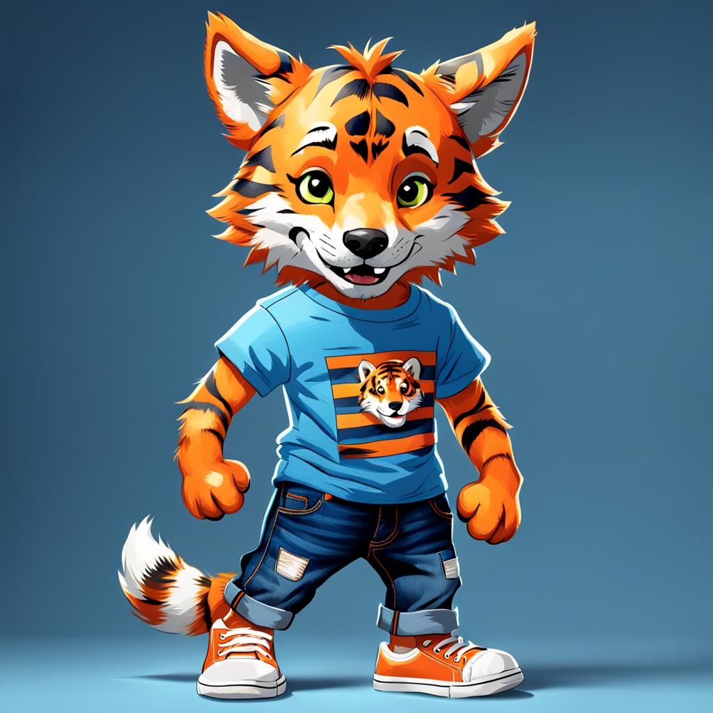 A nine year old anthropomorphic striped orange wolf-tiger pu...