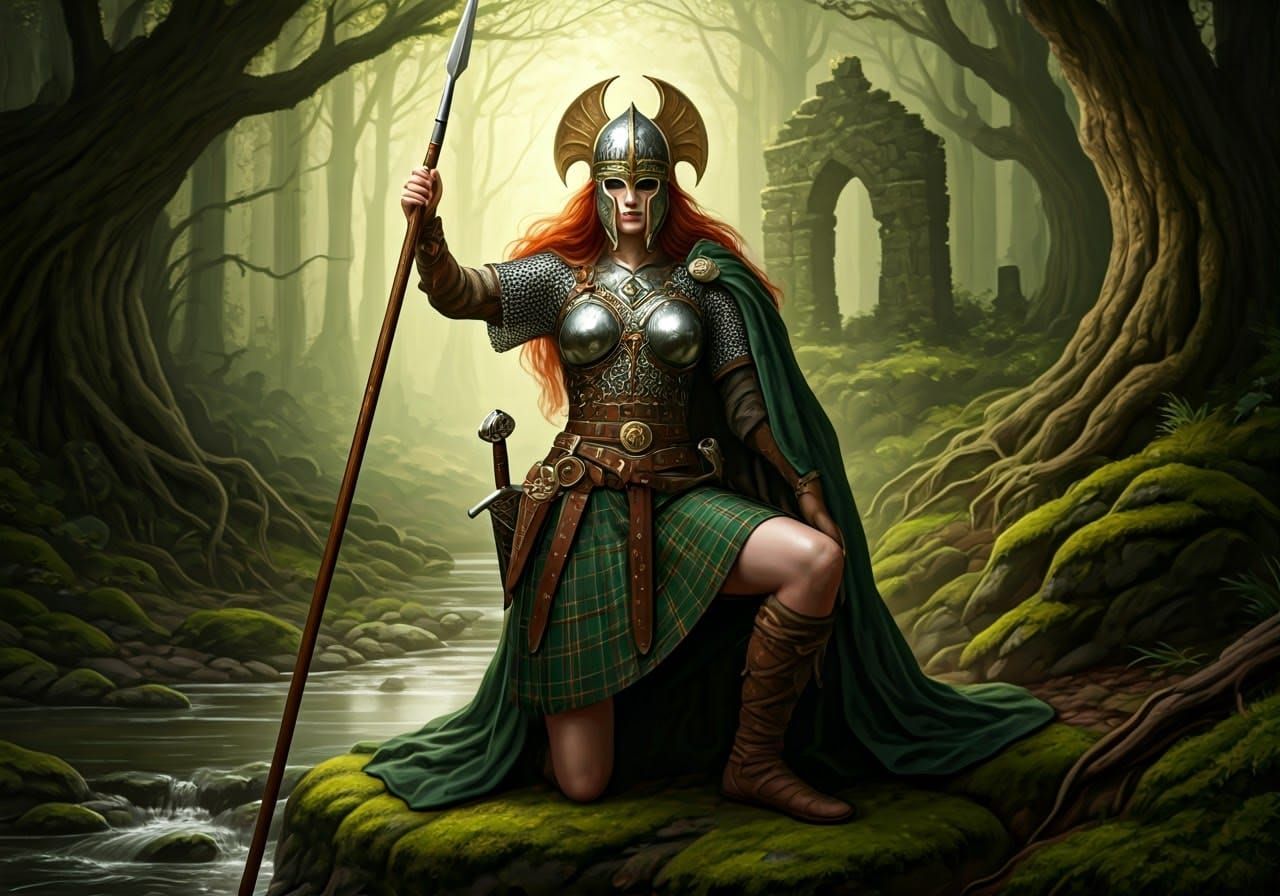 Brigita, Celtic goddess of war, standing on a rock by a stream; she is wearing a long chain mail above ...  by @genodile