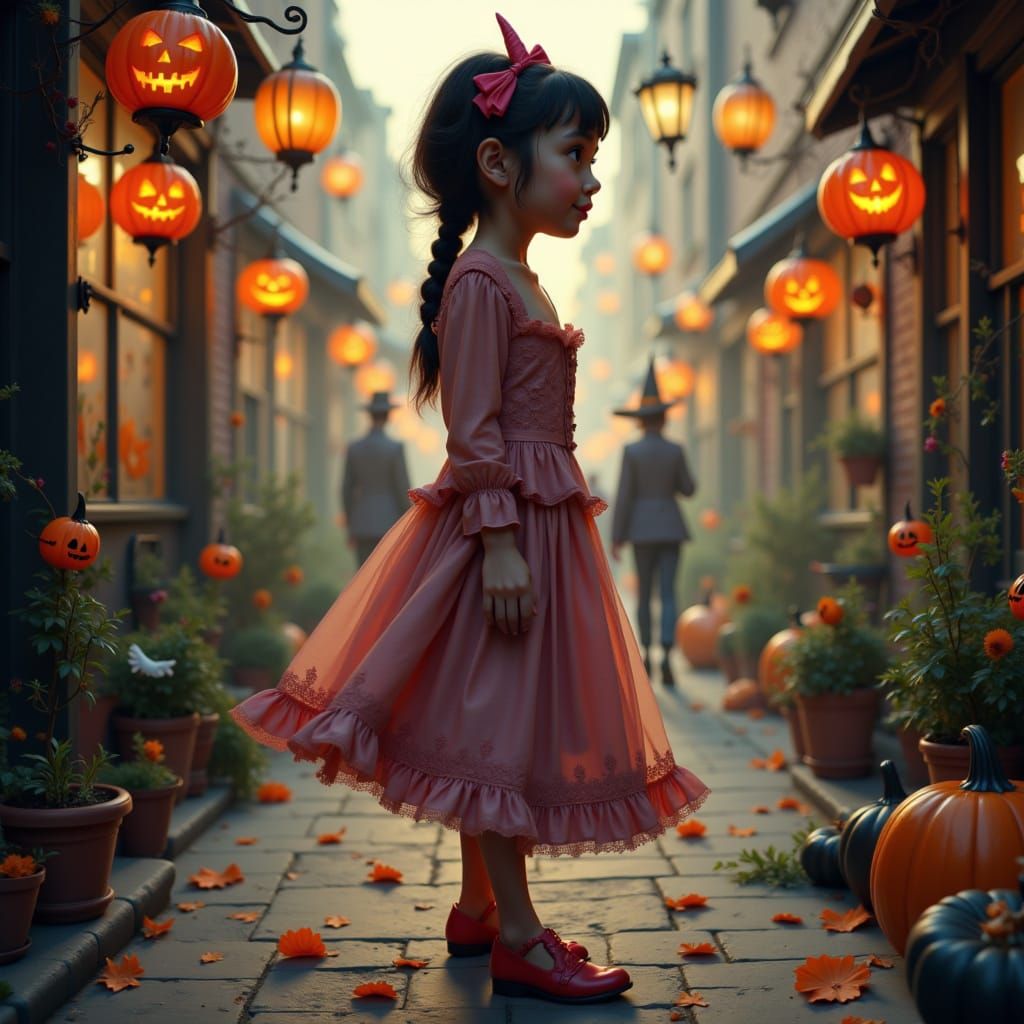 a young woman wears a dress in the style of <lora:Halloweenify:1.0>