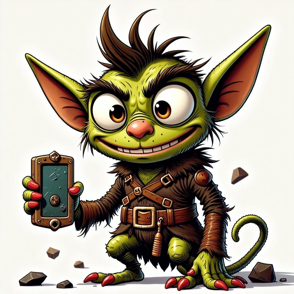 <lora:Munchkin-ish Fl:1.0> A mischievous gremlin with wide eyes and an innocent grin, holding a broken gadget in one hand, ready for chaos.