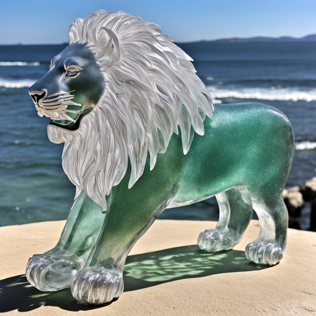 A shimmering sea glass sculpture of a lion   by @DW