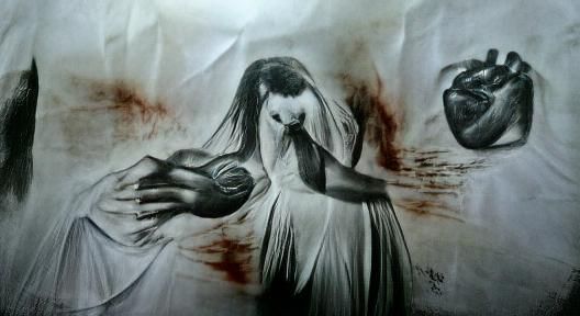 A woman in a flowing white dress holds her heart in her hand...