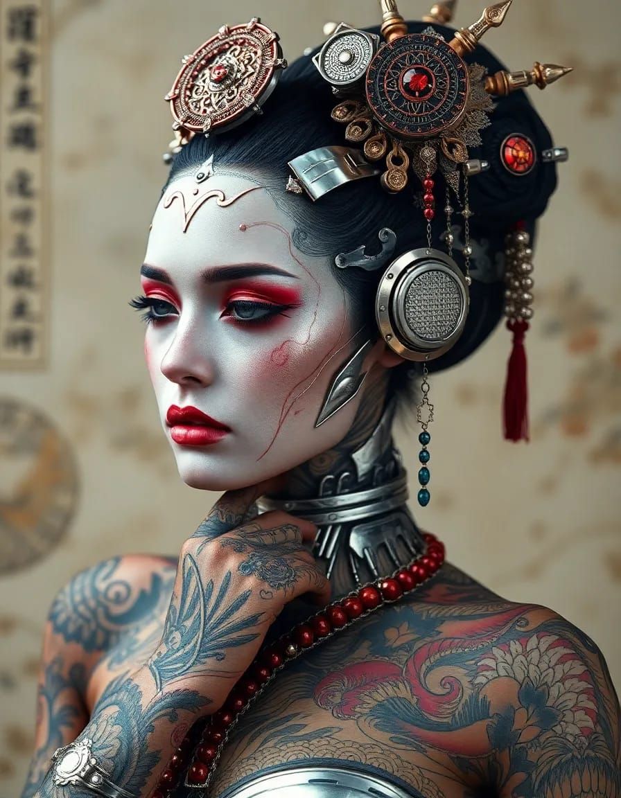 An image of a mesmerizing, cyborg geisha