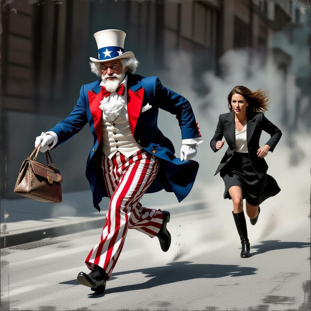 United States's Uncle Sam is in his costume. He is running away. He is stealing a woman's purse. The woman is chasing hi...