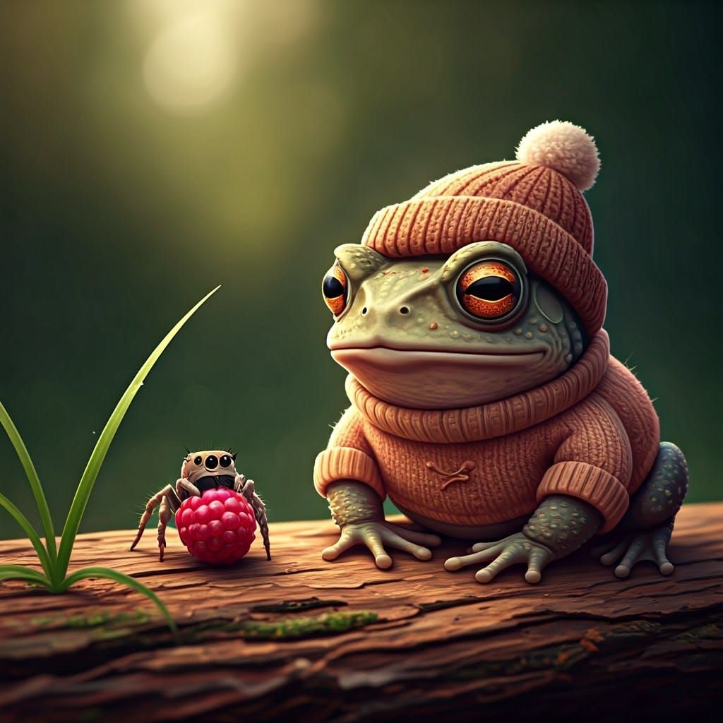 Frog and Spider Sharing Raspberry  by @Darwin