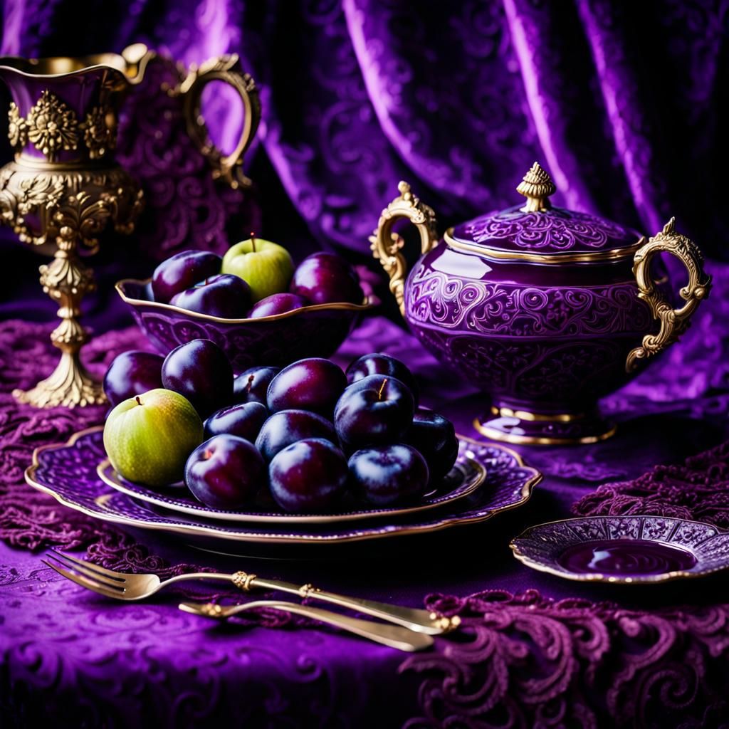 Luxurious Purple Still Life: Velvet and China