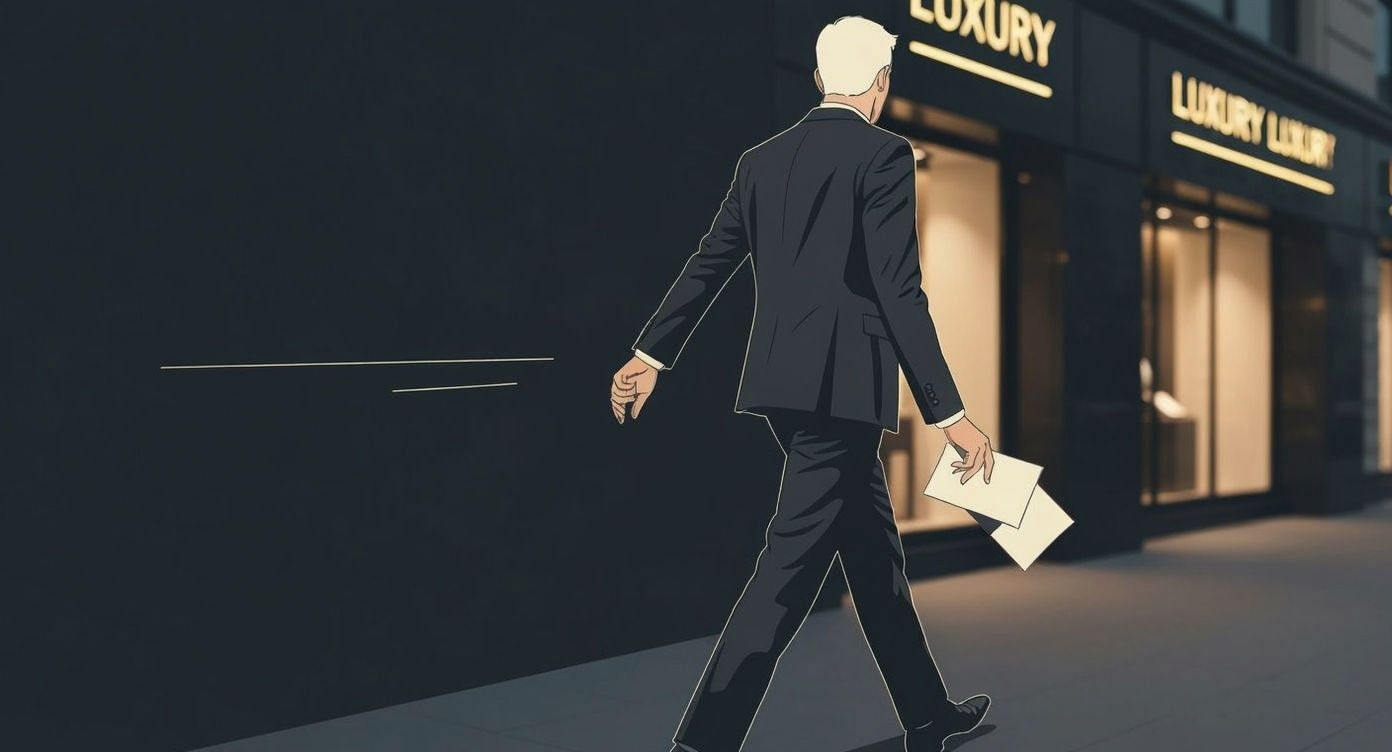 ultra-high resolution. Exterior city scene at dusk. A sleek luxury storefront with glowing signage is visible in the far background (blurred...