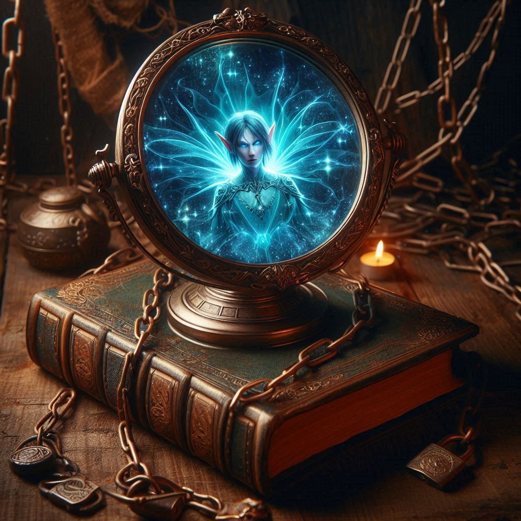 A magical Elvin mirror sitting on top of an old magical grimoire