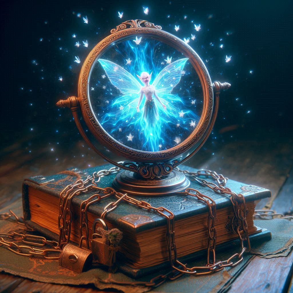 A magical Elvin mirror sitting on top of an old magical grim...