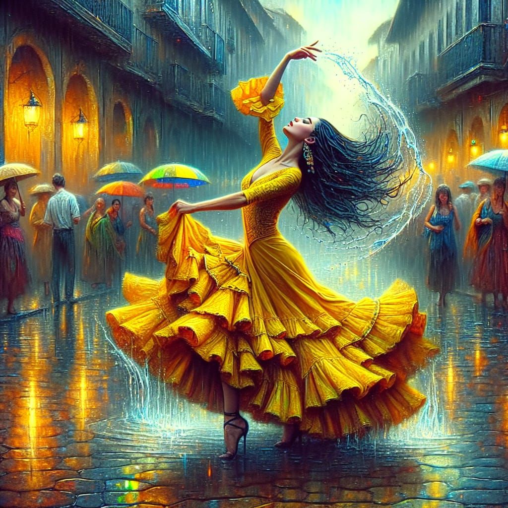 Porträt einer Flamenco-Tänzerin in Gelb, die im Regen tanzt  by @bedisi yseven